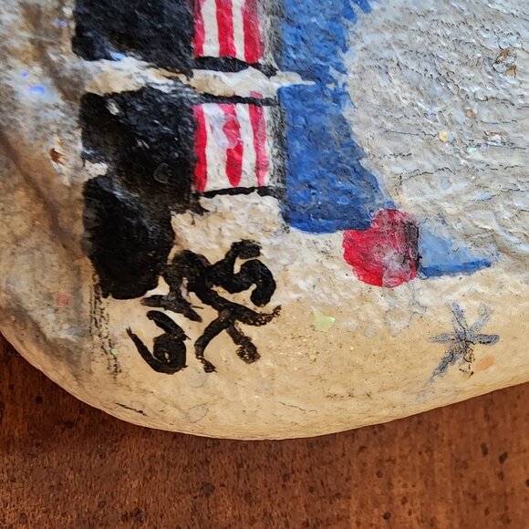 Christmas Holiday Gnome in Blue Santa Outfit with Snow Sparkles on a River Rock - Picture 8 of 10